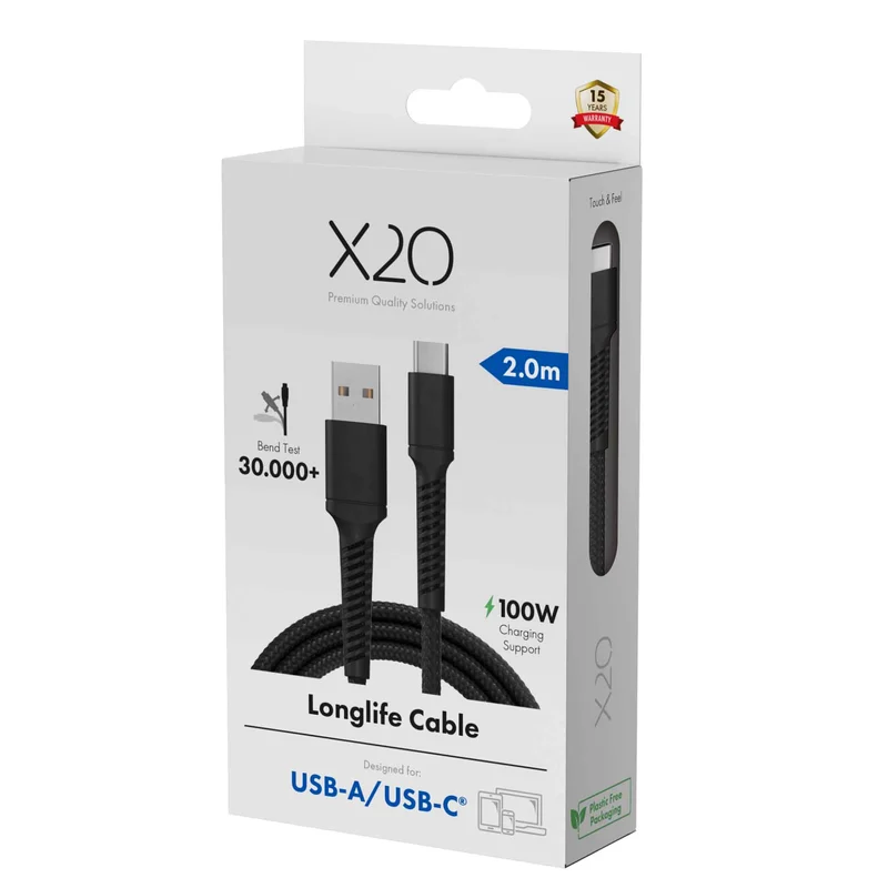 X2O Longlife 60W USB-A/C-kabel 2 m sort - 3401047