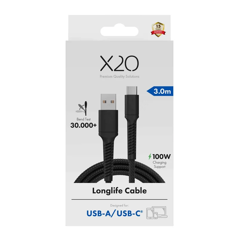 X2O Longlife 60W USB-A/C-kabel 3 m sort - 3401049