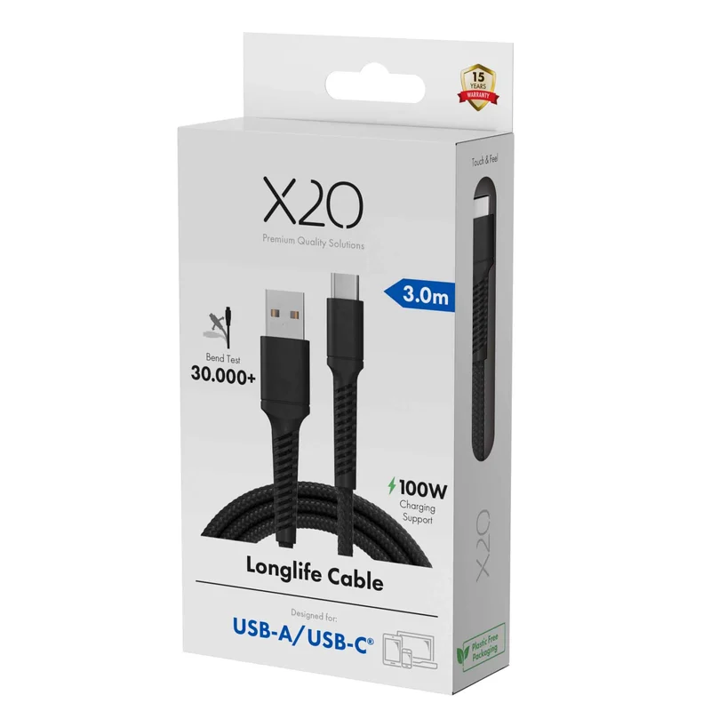 X2O Longlife 60W USB-A/C-kabel 3 m sort - 3401049