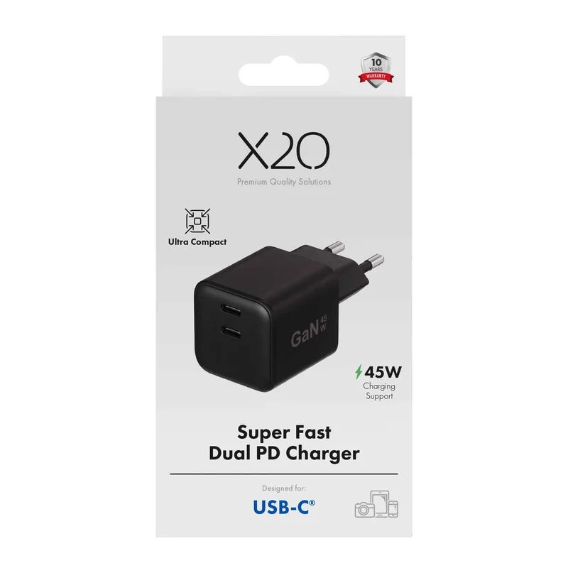 X2O 45W dobbelt hjemmelader USB-C/C GaN sort - 3401054