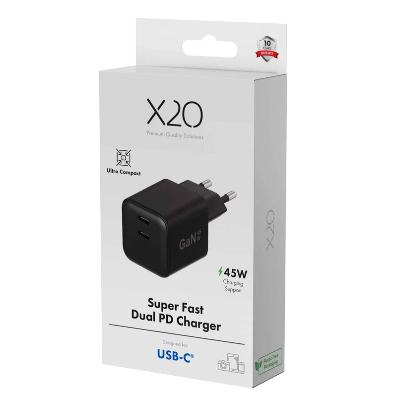 X2O 45W dobbelt hjemmelader USB-C/C GaN sort - 3401054