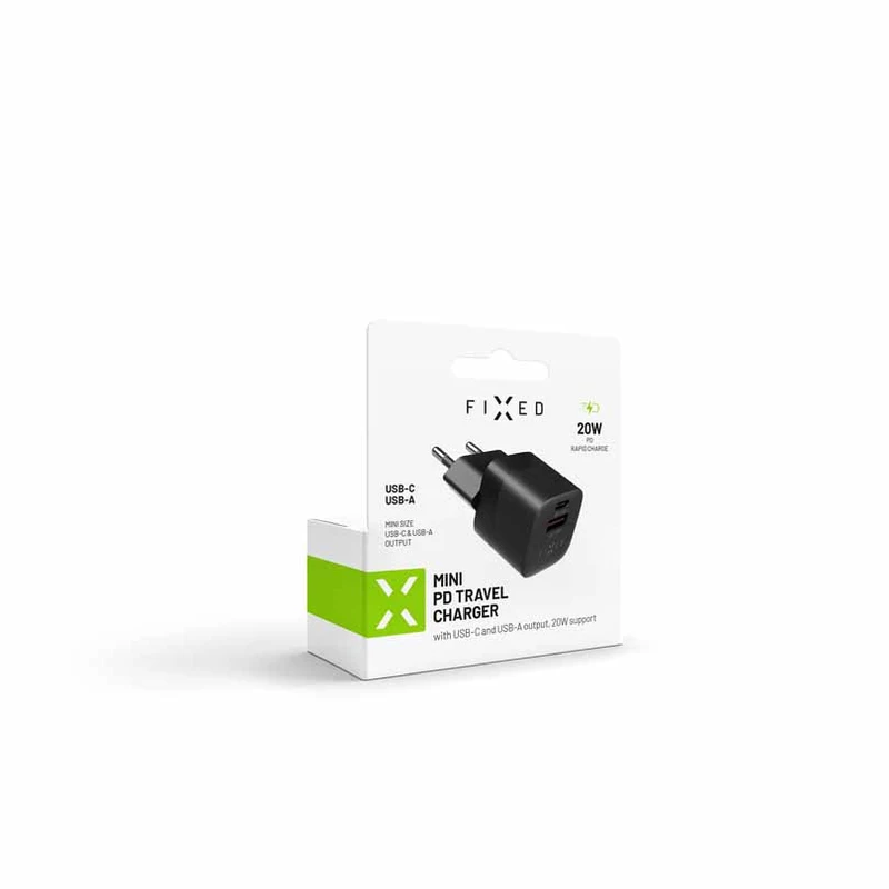 FIXED Hurtig Mini Hjemmeoplader 20W USB-C PD/USB-A Sort - 8014585