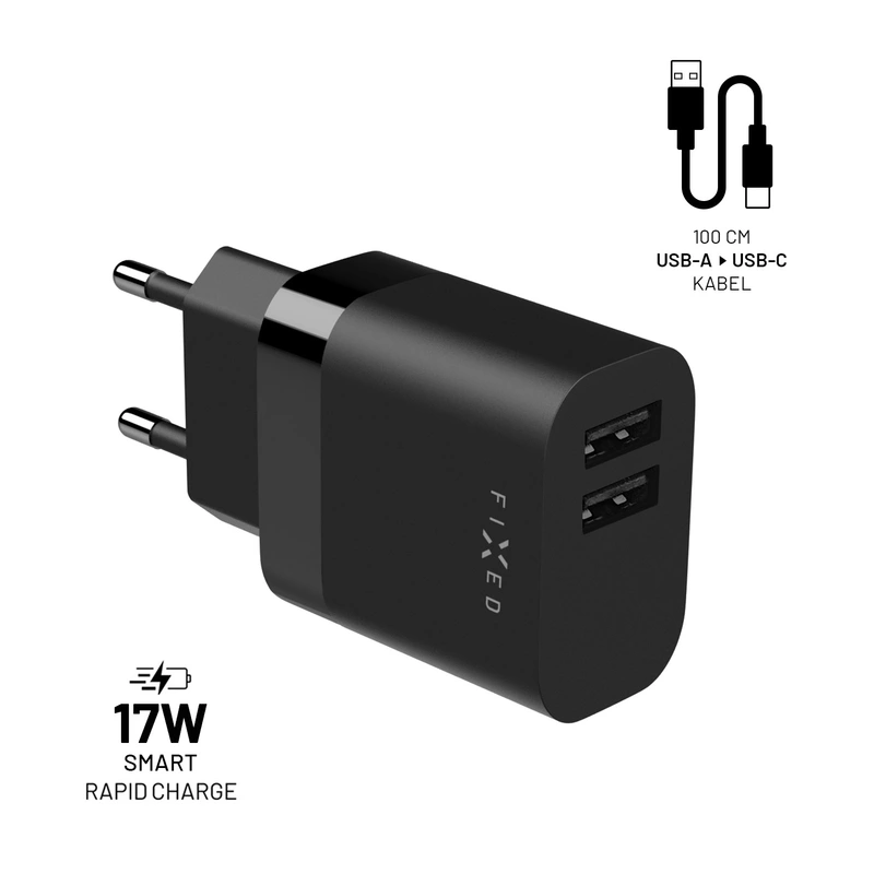 FIXED Hjemmeoplader 2x USB-A 17W/USB-C kabel 1m Sort - 8015120