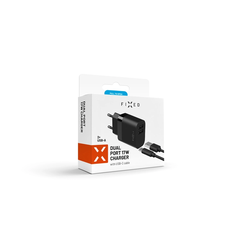 FIXED Hjemmeoplader 2x USB-A 17W/USB-C kabel 1m Sort - 8015120