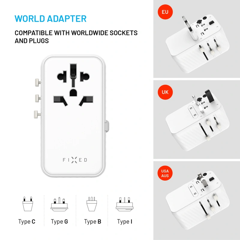 FIXED Rejseadapter/oplader USB-C/-A 120W EU/UK/USA/AUS - 8016120