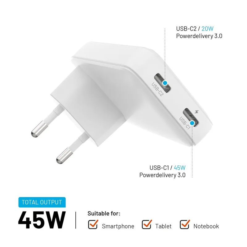 FIXED Slim GaN 90 Super Hurtig 2x USB-C oplader 45W Hvid - 8016584
