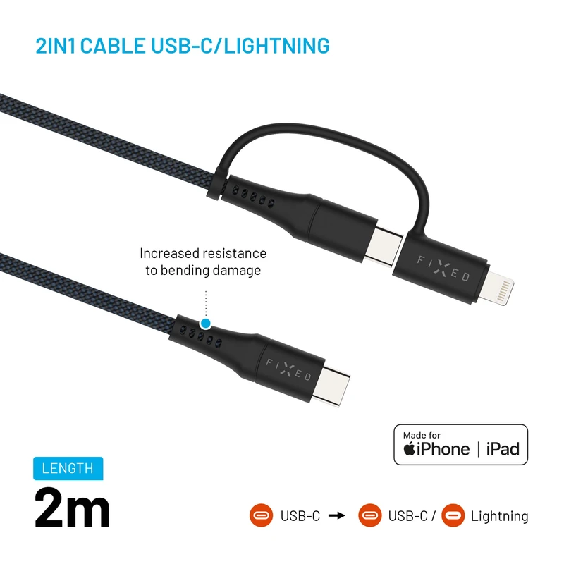 FIXED 2in1 Combo 60W USB-C/Lightning kabel 2m Sort - 8017608