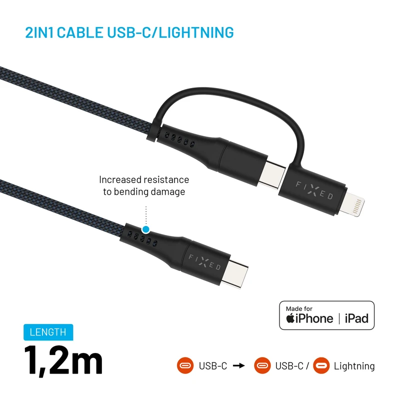 FIXED 2in1 Combo 60W USB-C/Lightning kabel 1.2m Sort - 8017693