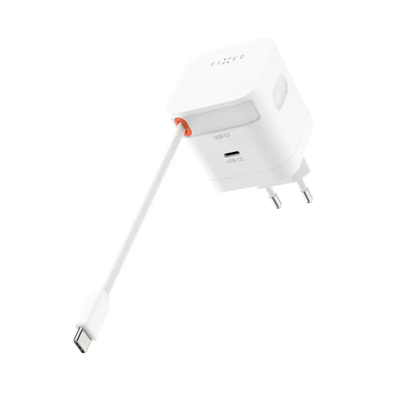 FIXED Superhurtig dobbelt USB-C-oplader med udtrækkeligt kabel 65W Hvid - 8018601