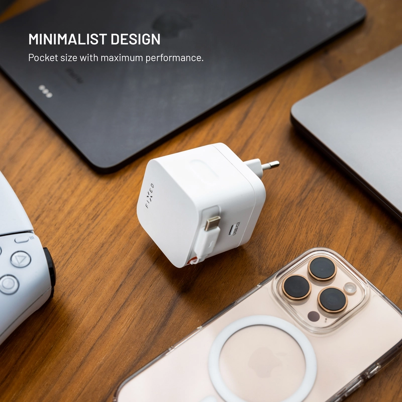 FIXED Superhurtig dobbelt USB-C-oplader med udtrækkeligt kabel 65W Hvid - 8018601