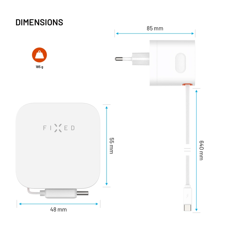 FIXED Superhurtig dobbelt USB-C-oplader med udtrækkeligt kabel 65W Hvid - 8018601