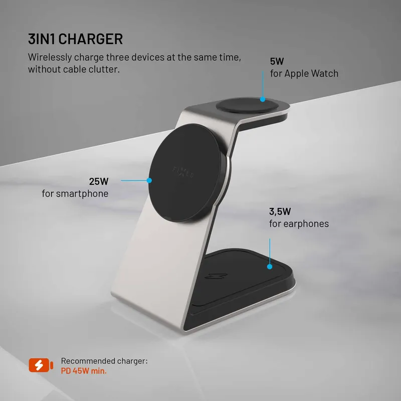 FIXED 3in1 Mag ALU 25W Qi2.2 Trådløs Apple Opladningsstation Grå - 8019269