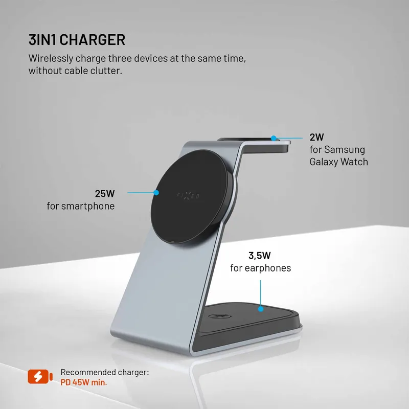 FIXED 3in1 Mag ALU 25W Qi2.2 Trådløs Samsung Opladningsstation Grå - 8019270