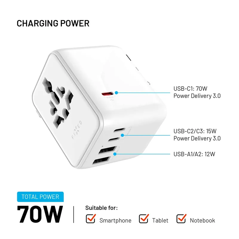 FIXED Rejselader USB-C/-A 70W EU/UK/USA/AUS Hvid - 8018910