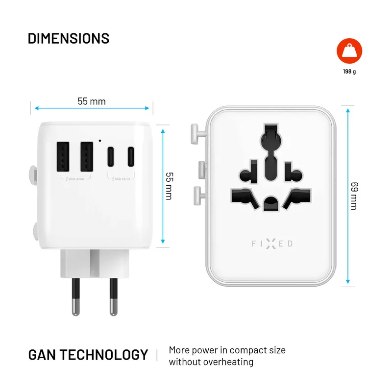 FIXED Rejselader USB-C/-A 70W EU/UK/USA/AUS Hvid - 8018910
