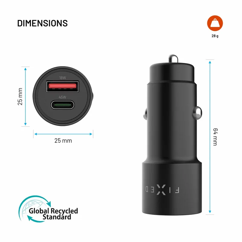 FIXED Superhurtig 63W USB-A/C Biloplader Sort - 8019266