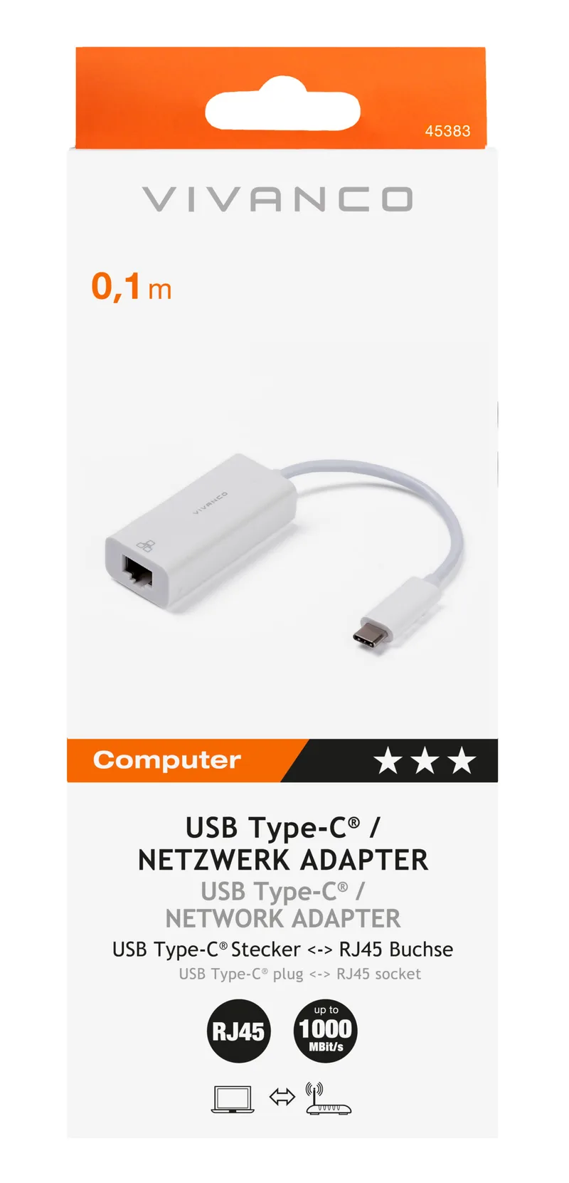 Vivanco USB-C <-> RJ45 1000Mbps network adapter 0,1m Hvid - 2845383