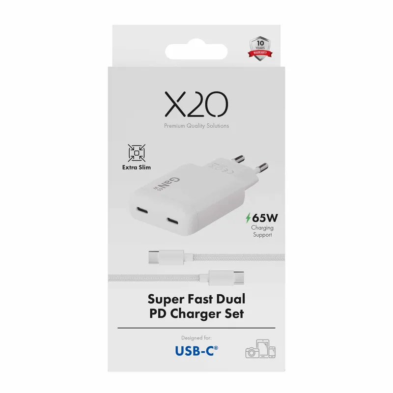 X2O 65W Dual SLIM hjemmeladersæt USB-C/C GaN 1.5m hvid - 3401057