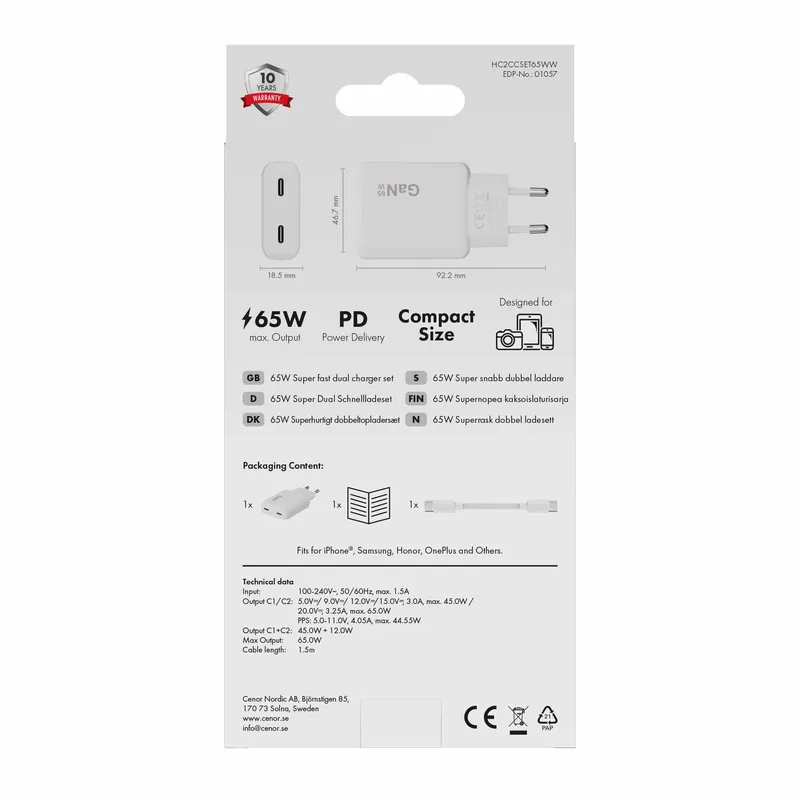 X2O 65W Dual SLIM hjemmeladersæt USB-C/C GaN 1.5m hvid - 3401057
