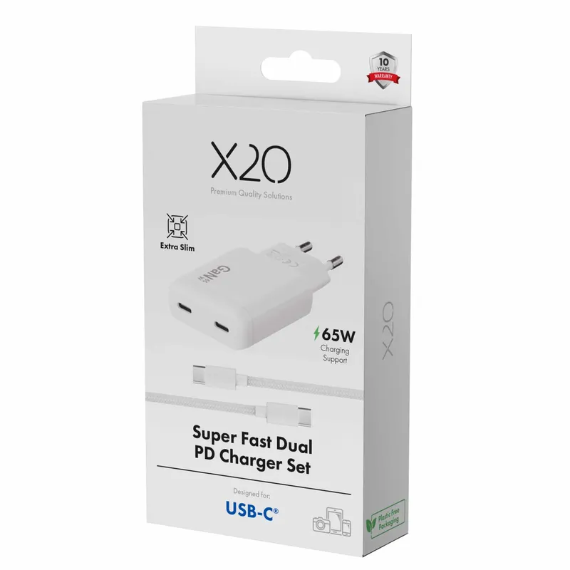 X2O 65W Dual SLIM hjemmeladersæt USB-C/C GaN 1.5m hvid - 3401057