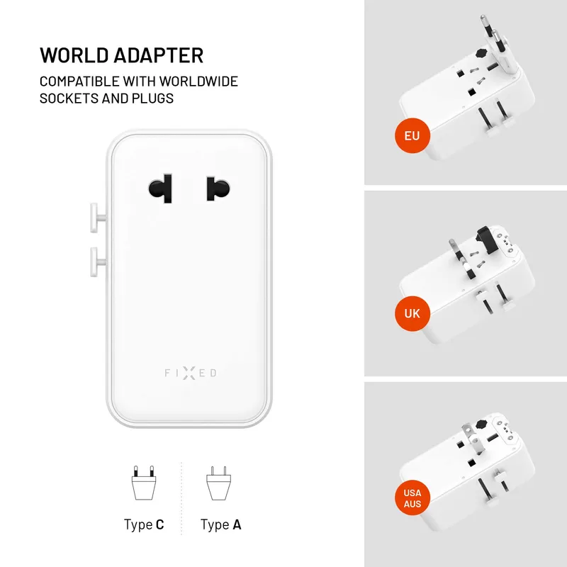 FIXED Rejselader USB-C/-A 70W EU/UK/USA/AUS Hvid - 8019468