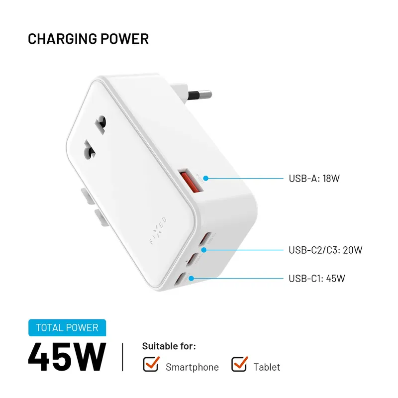 FIXED Rejselader USB-C/-A 70W EU/UK/USA/AUS Hvid - 8019468