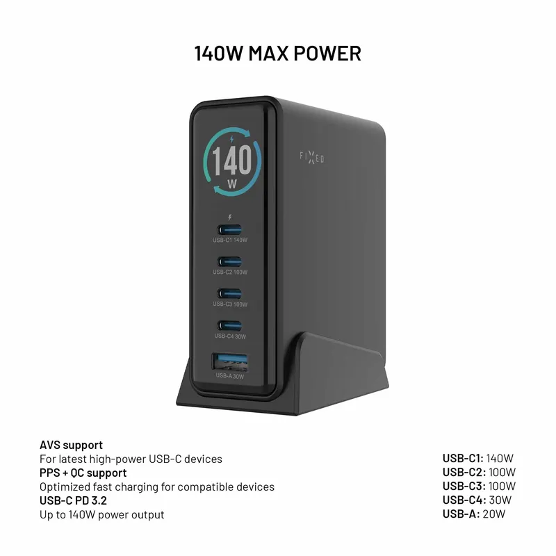 FIXED Super Hurtig GaN Bordoplader 140W 4xUSB-C/USB-A - 8019458