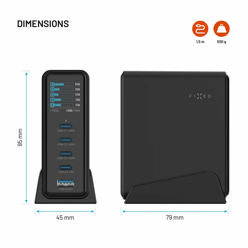 FIXED Super Hurtig GaN Bordoplader 140W 4xUSB-C/USB-A - 8019458