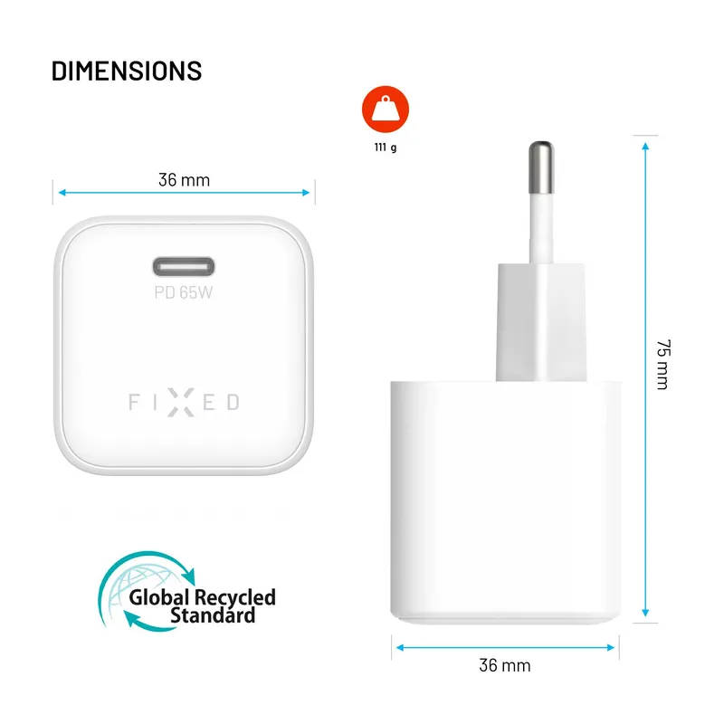 FIXED Mini GaN Vægopladersæt 65W 2m Hvid - 8019454