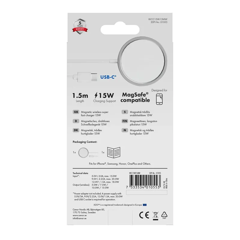 X2O 15W trådløst opladerkabel 1.5m hvid - 3401055