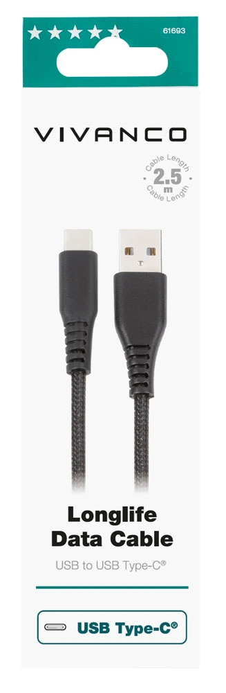 Vivanco Longlife USB-C/USB-A 2.0 kaapeli 2.5m Sort - 2861693