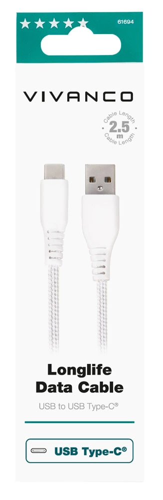 Vivanco Longlife USB-C/-USB-A 2.0 kaapeli 2.5m Hvid - 2861694