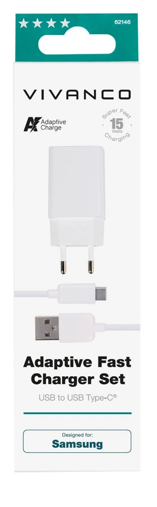 Vivanco Hjemmeoplader 3A 15W + USB-C kabel Hvit - 2862146
