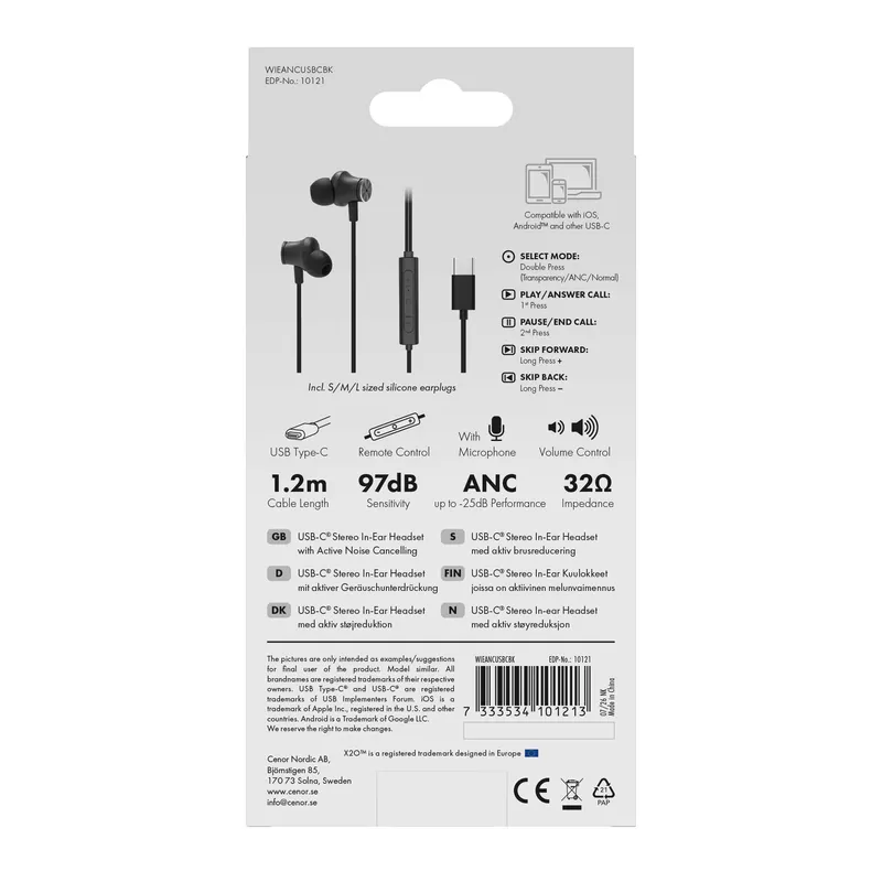 X2O USB-C ANC Silicone In-Ear Headset 1.2m Sort - 3410121