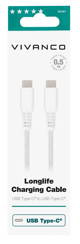 Vivanco Longlife USB-C/USB-C 2.0 kaapeli 0.5m Hvid - 2862397