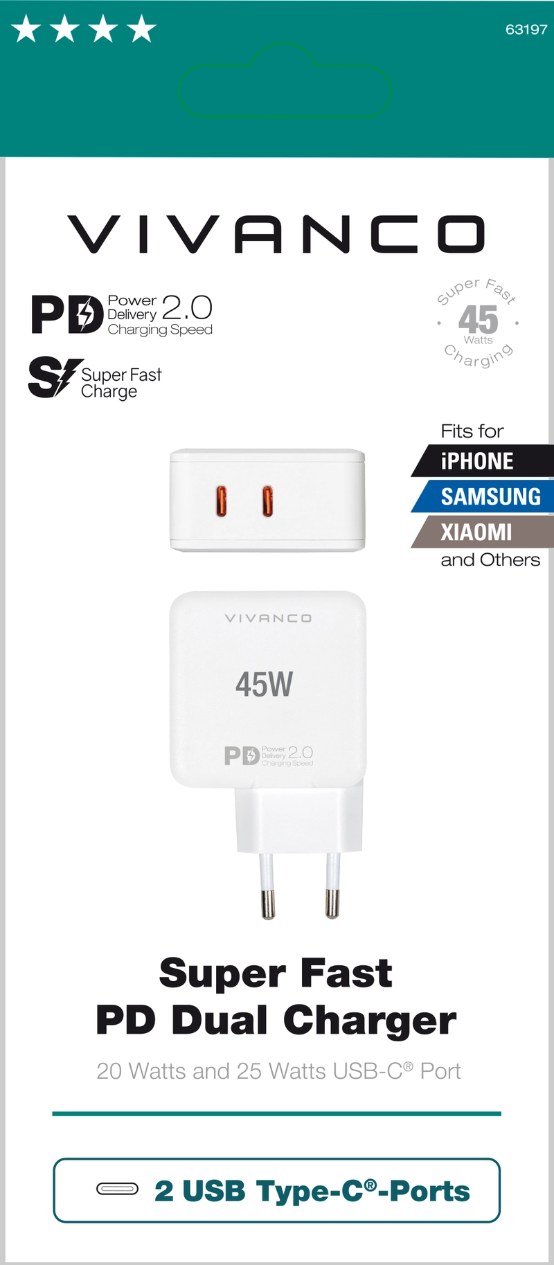 Vivanco Super Hurtig 2x USB-C PD 45W Hjemoplader Hvid - 2863197