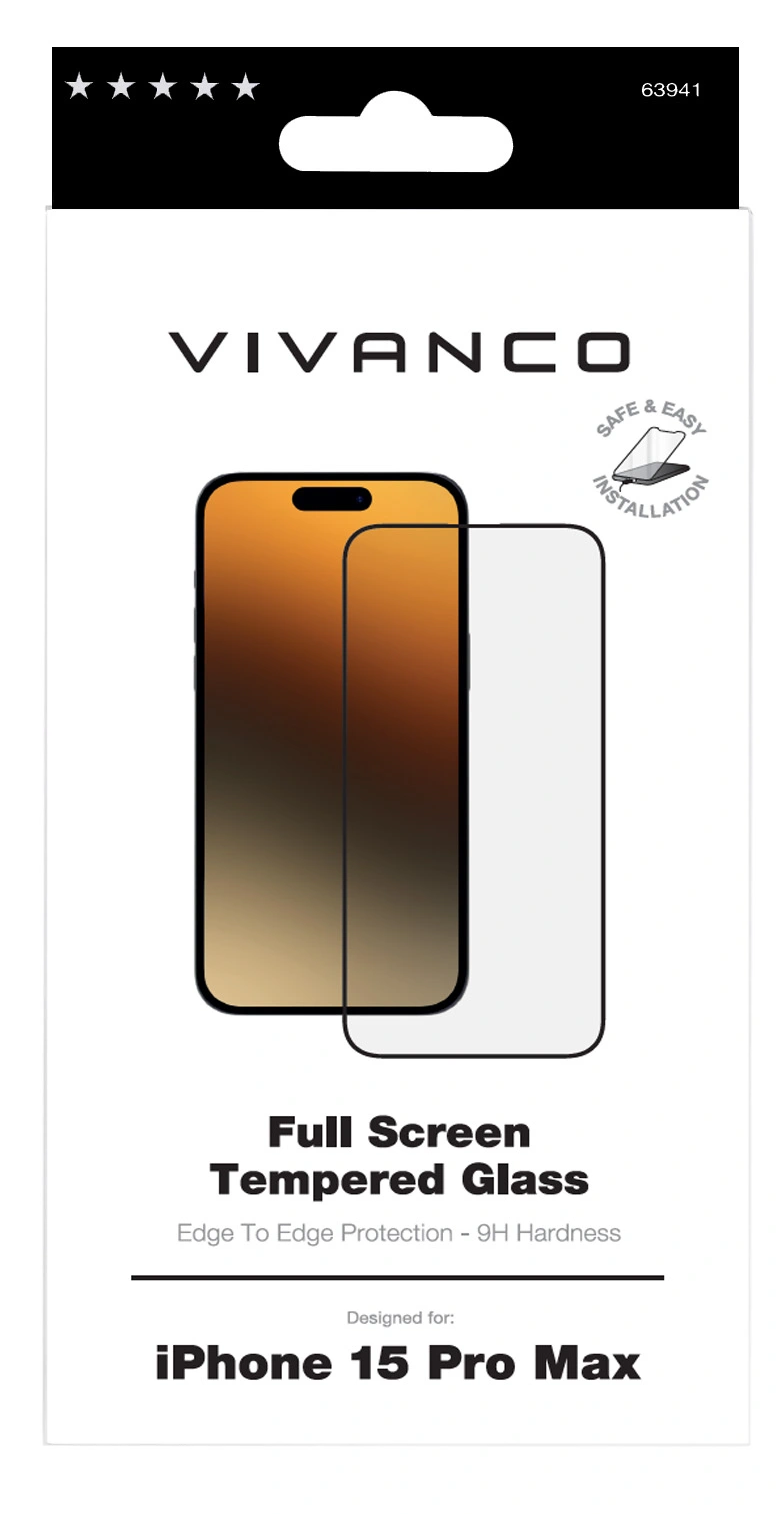 Vivanco Fuldskærm Beskyttelse glas 9H iPhone 15 Pro Max - 2863941