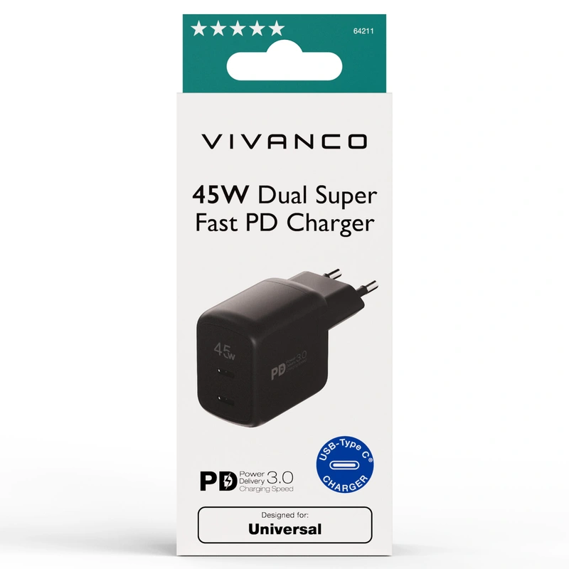 Vivanco Super Hurtig 2x USB-C PD 45W Hjemoplader Sort - 2864211
