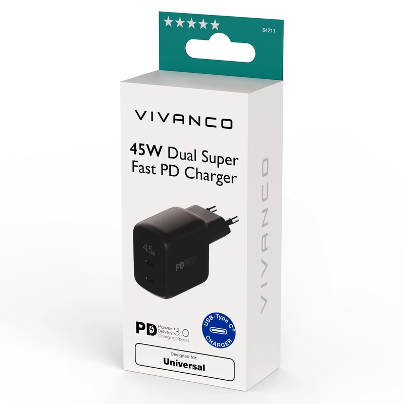 Vivanco Super Hurtig 2x USB-C PD 45W Hjemoplader Sort - 2864211