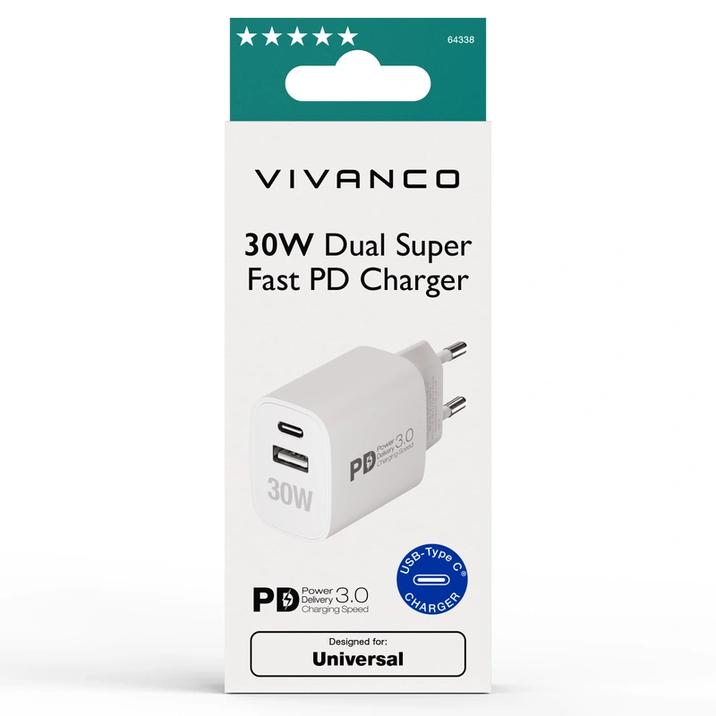 Vivanco Hurtig GaN 30W 1xUSB-C PD/ USB-A Hjemoplader Hvid - 2864338